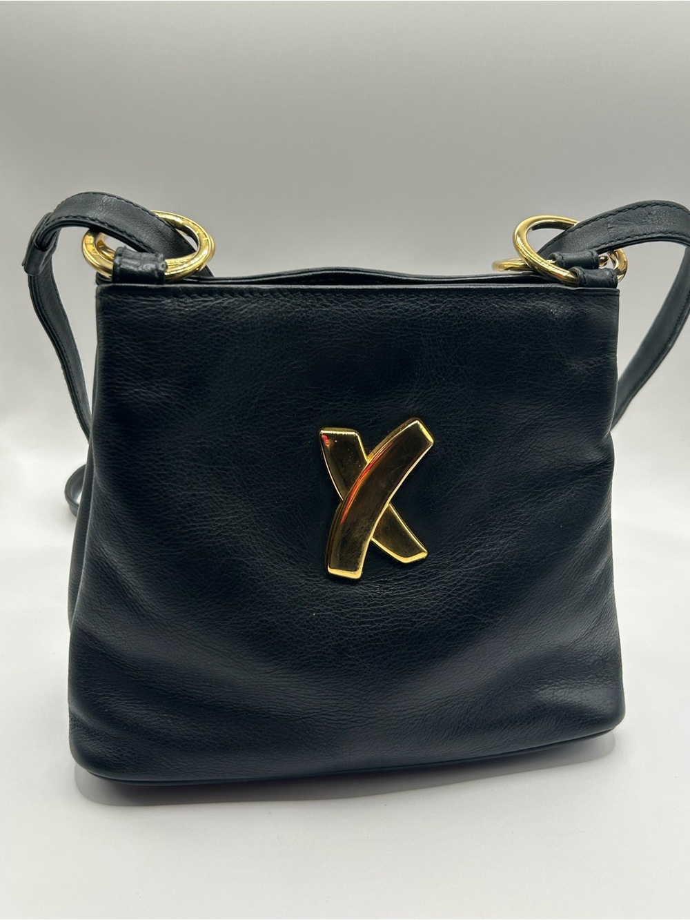 Paloma Picasso Black Leather Shoulder or Crossbody Bag with Gold X Accent